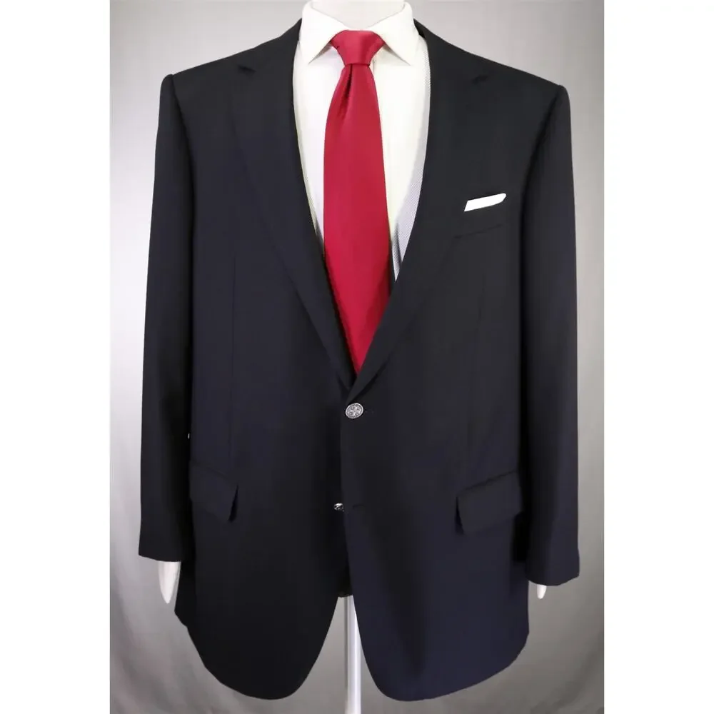 Custom Tailored Bespoke Solid Black 2-Btn Wool Suit 46R